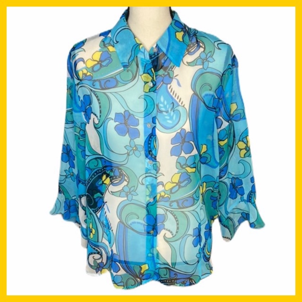 Nicola Sheer Floral Aqua & Yellow Button Down Top